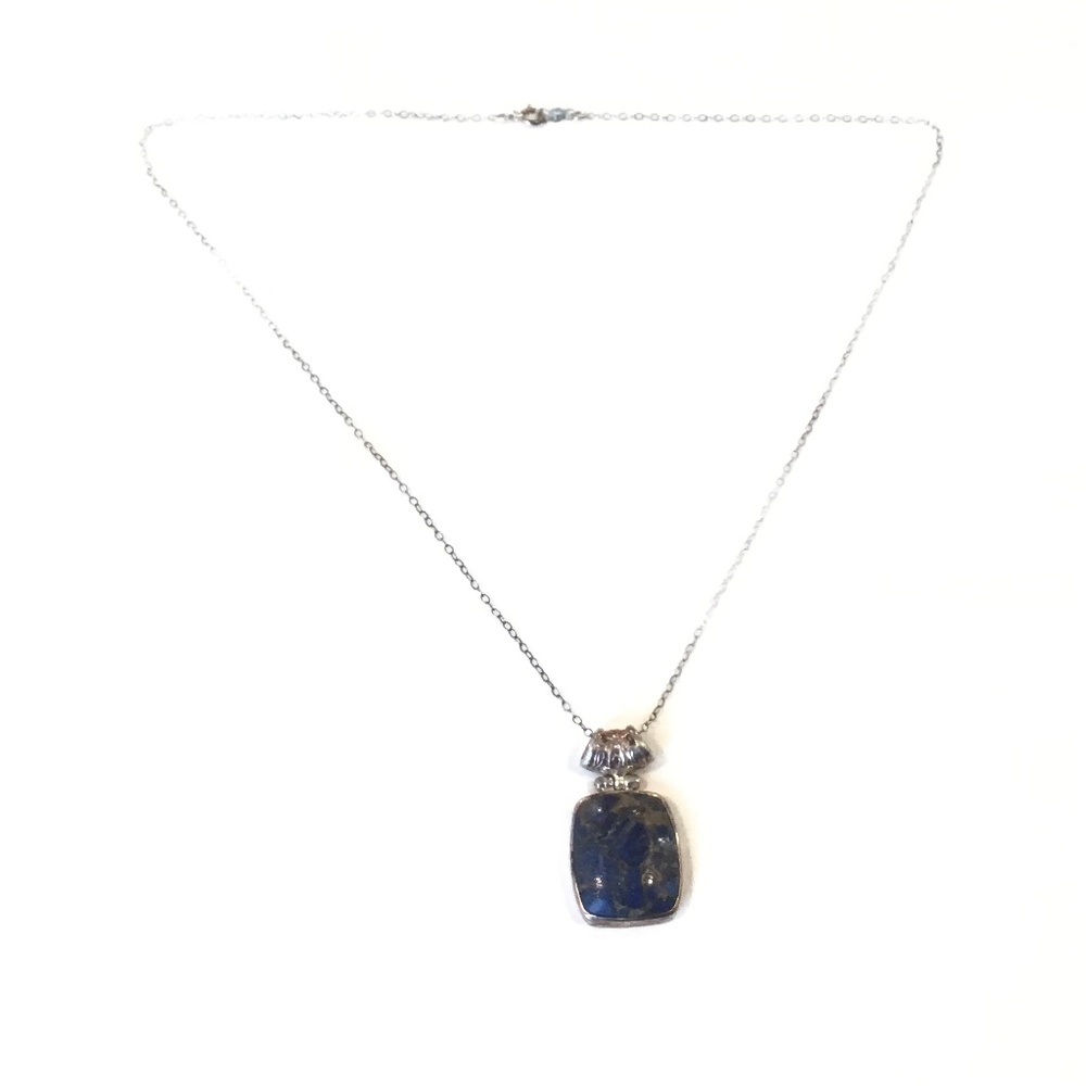 Sterling Silver Blue Stone Pendant Necklace 18" Long